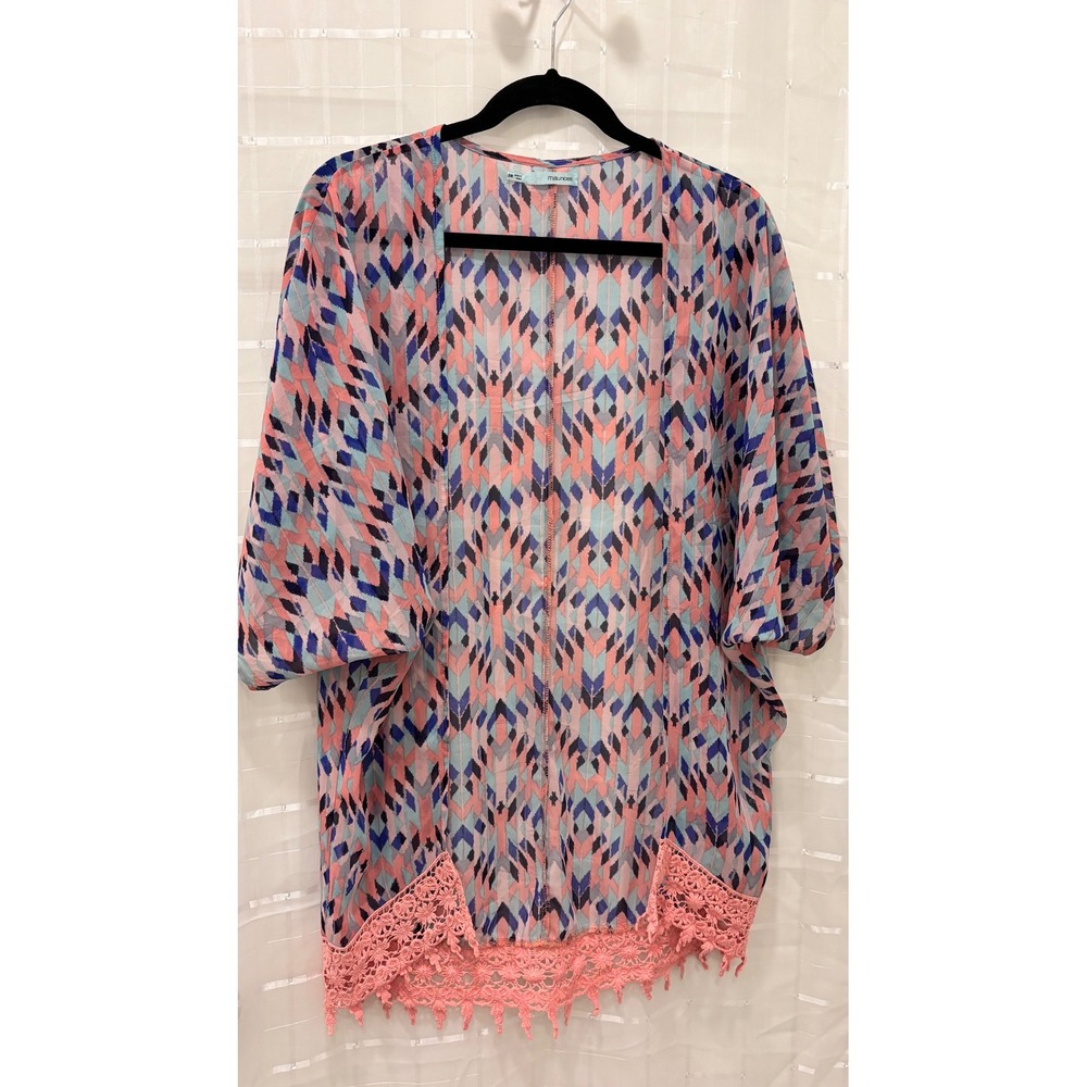 Maurices Pink Blue Geometric‎ Print Crochet Lace Trim Kimono Wrap SM